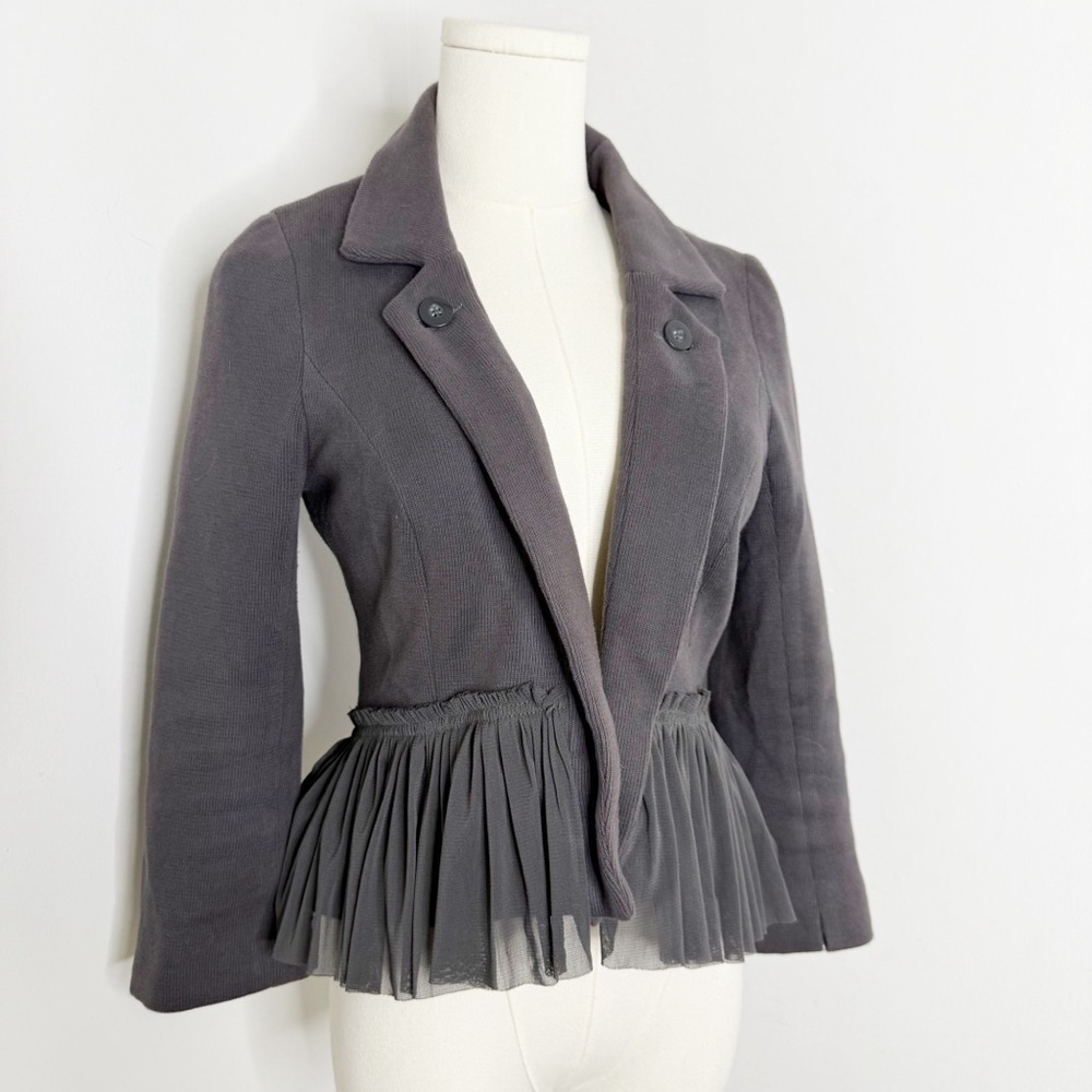 Free People Vintage Grey Knit Tulle Ruffle Peplum Jacket Blazer Size 6 - Picture 2 of 5